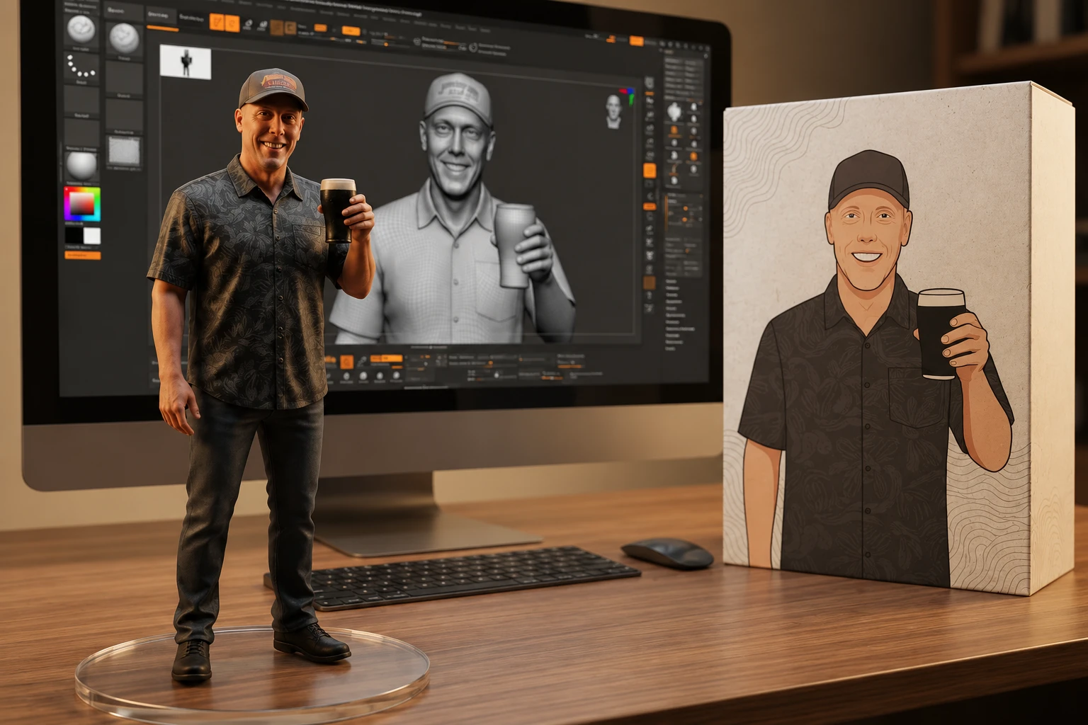 T.O. Ray figurine beside its digital sculpt and illustrated presentation box