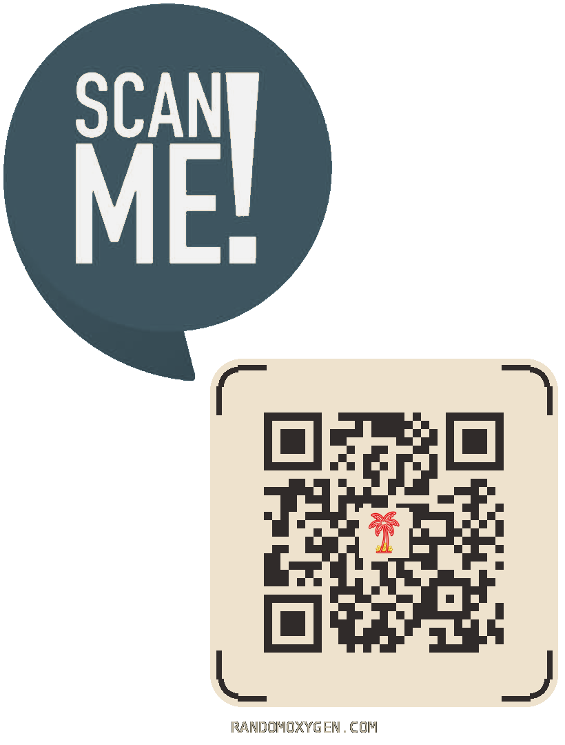 Scan me! QR code for randomoxygen.com with a dusty blue speech bubble