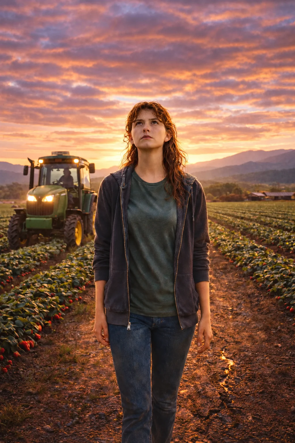 Layla in a field at sunset, with a tractor behind her
