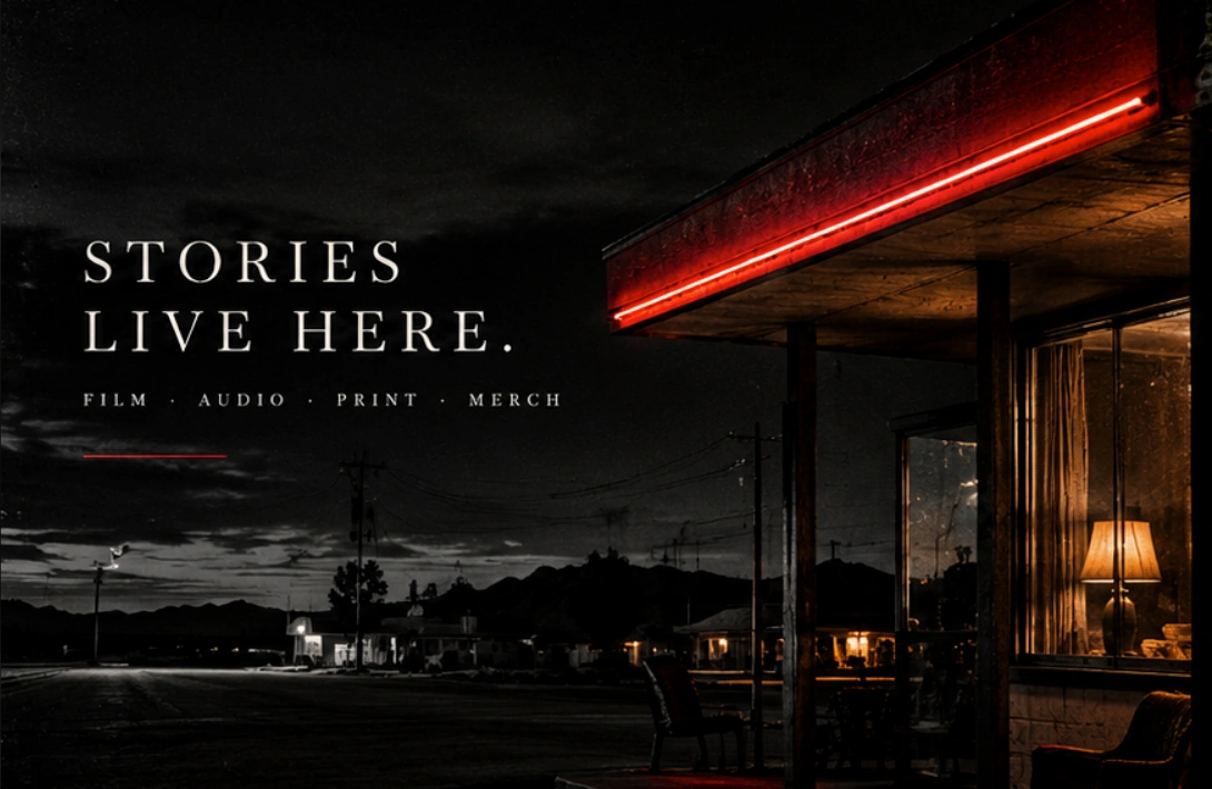 Nocturnal roadside architecture with red neon and warm amber window light